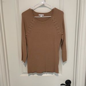 NY&Co Tan 3/4 Sleeve Sweater, Tied detail on shoulders